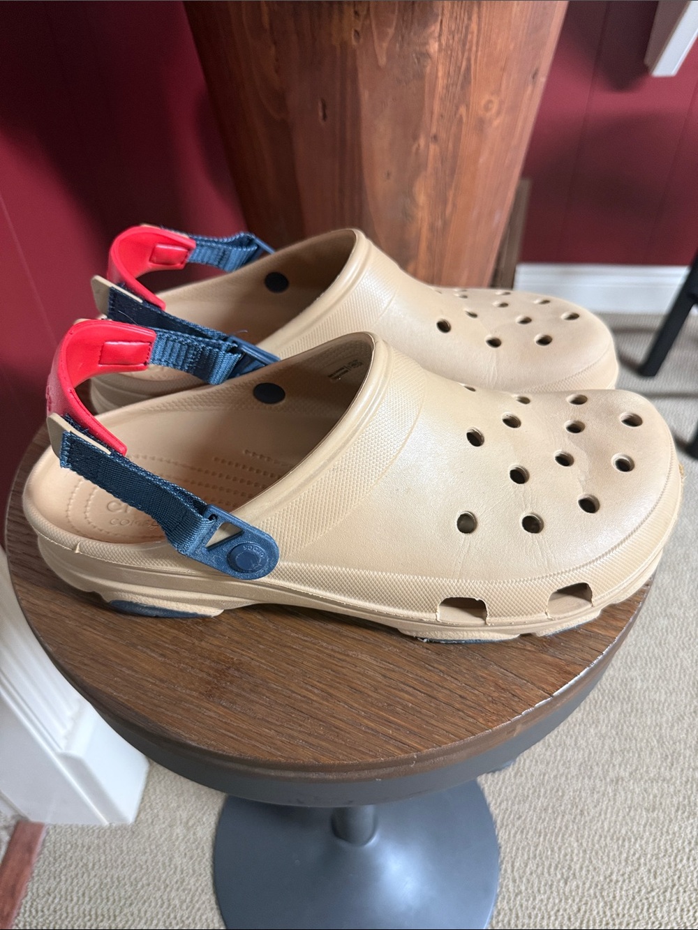 CROCS Men’s Beige Clogs with Navy & Red Heel Straps
